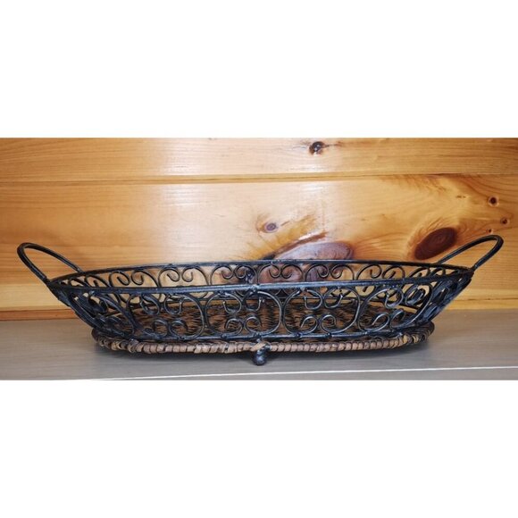 Metal and Wicker Serving Tray with Handles Distressed Farmhouse Decor Basket - Picture 14 of 16